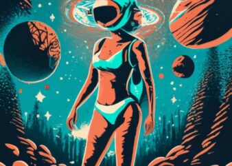 Woman wearing a bikini and helmet floating in space, t-shirt design PNG File