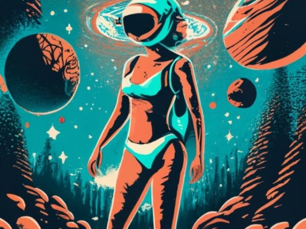 Woman wearing a bikini and helmet floating in space, t-shirt design png file