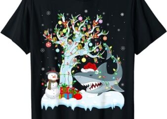 Xmas Tree Lighting Santa Hat Great White Shark Christmas T-Shirt