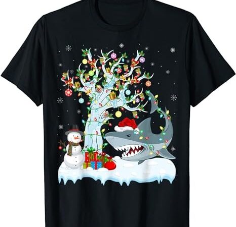 Xmas tree lighting santa hat great white shark christmas t-shirt