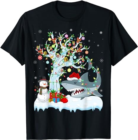 Xmas Tree Lighting Santa Hat Great White Shark Christmas T-Shirt