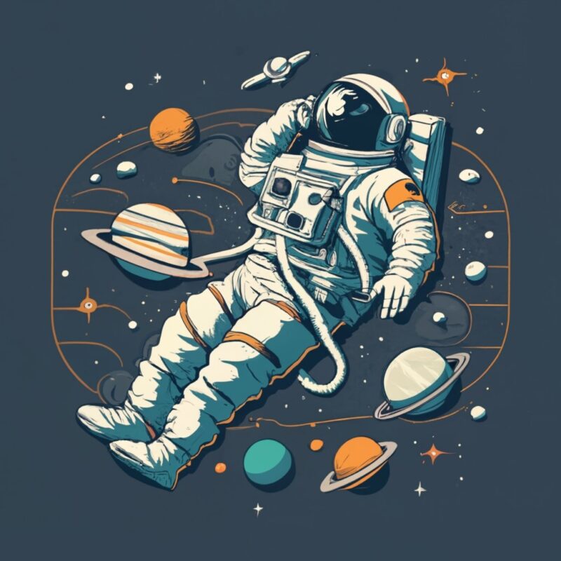 astronaut floating in space, t-shirt design, stencil, retro design