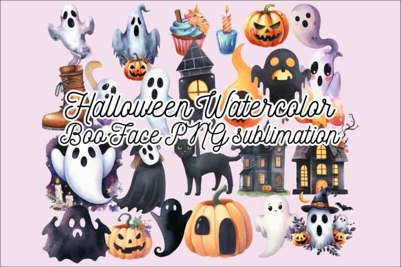 Halloween Watercolor Boo Face PNG sublimation Bundle