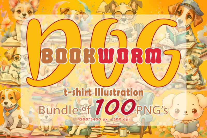 Exclusive Bookworm Dog 100 Illustrations Bundle, curated specifically for Print on Demand websites