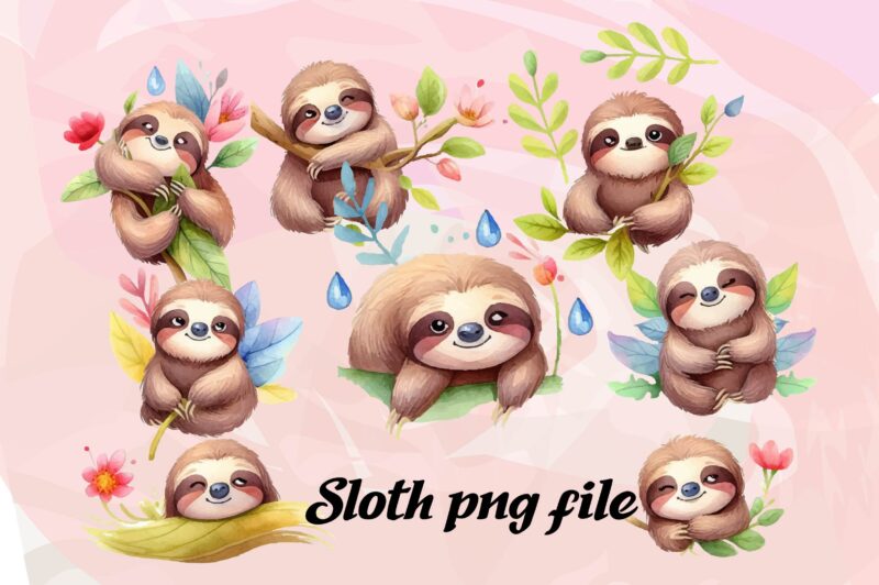 Sloth Animals Watercolor t-shirt design PNG Clipart