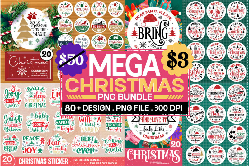 Big T-shirt Design Bundle , Funny Christmas Round Sign Bundle