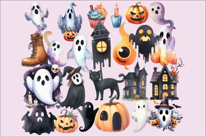 Halloween Watercolor Boo Face PNG sublimation Bundle