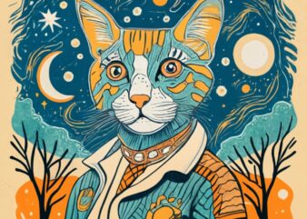composition with cat, van gogh style like The Starry Night desigh, t-shirt design PNG File