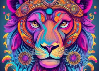cool psychedelic lion head, black background PNG File