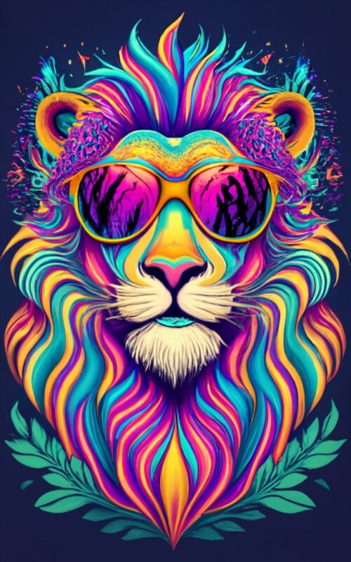 cool psychedelic lion head, black background, t-shirt design PNG File
