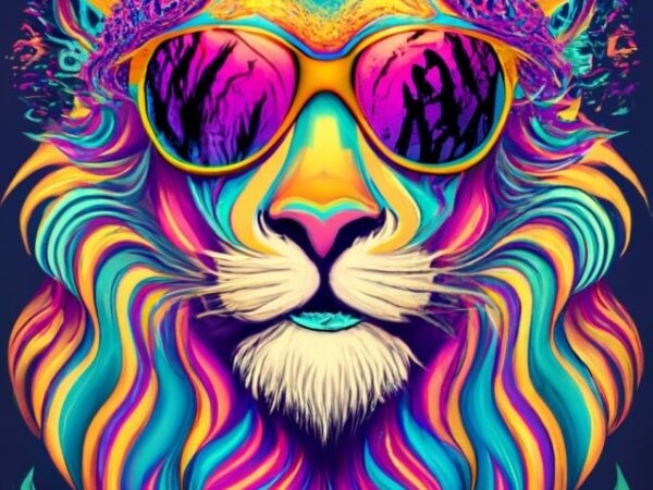 Cool psychedelic lion head, black background, t-shirt design png file