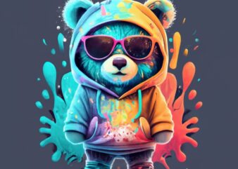 cool teddy bear wearing hoodie,splash paint, t-shirt design PNG File