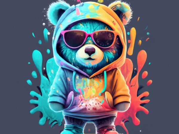 Cool teddy bear wearing hoodie,splash paint, t-shirt design png file