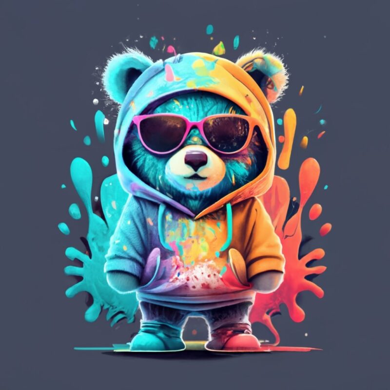 cool teddy bear wearing hoodie,splash paint, t-shirt design PNG File