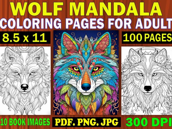 Wolf mandala coloring page for adult 2 t shirt design for sale