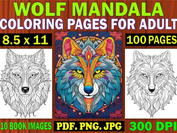 Wolf mandala coloring page for adult 3 t shirt design for sale