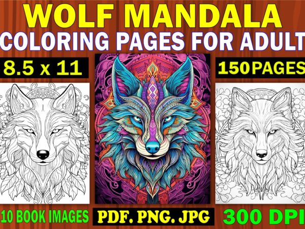 Wolf mandala coloring page for adult 6 t shirt design for sale