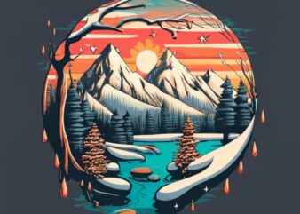 elegant round vector t-shirt design, paint-dripping winter with a snowy sunset PNG File