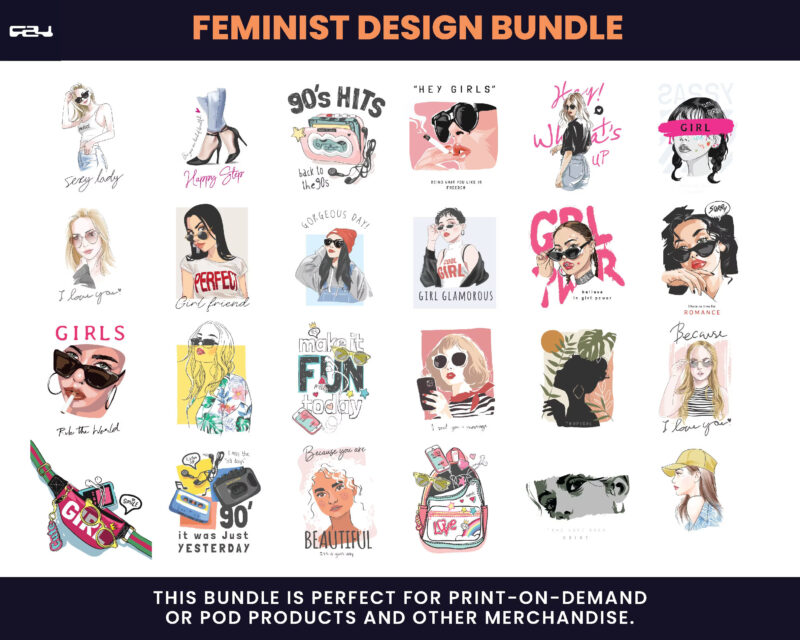 100 Feminist Design Bundle, tee design, t-shirt design, T-Shirt pod design, Streetwear design, Sublimation, DTG, DTF, png, svg