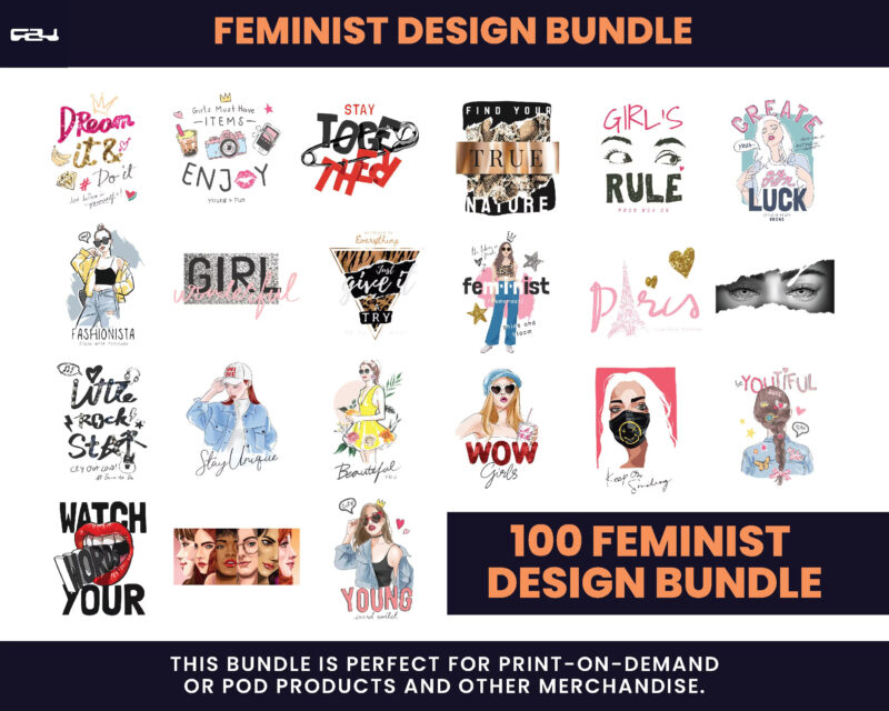 100 Feminist Design Bundle, tee design, t-shirt design, T-Shirt pod design, Streetwear design, Sublimation, DTG, DTF, png, svg