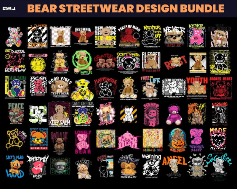 Bear T-shirt designs bundle, bear streetwear design bundle, streetwear design, teddy bear design, urban t-shirts, hip hop t-shirt, DTF, DTG
