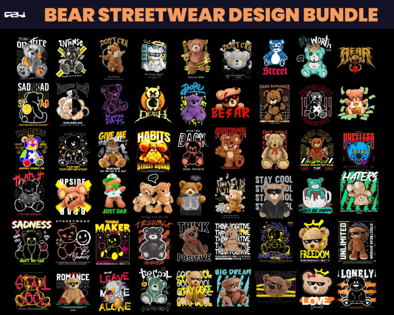 Bear T-shirt designs bundle, bear streetwear design bundle, streetwear design, teddy bear design, urban t-shirts, hip hop t-shirt, DTF, DTG