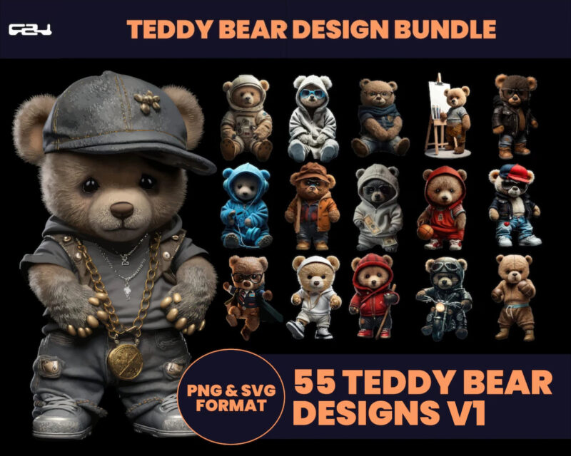 Bear T-shirt designs bundle, Bear Streetwear design, Shirt design, Bear design, Urban, Aesthetic Design, Teddy Bear design, DTG, DTF