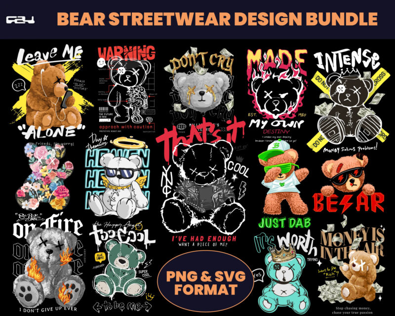 Bear T-shirt designs bundle, bear streetwear design bundle, streetwear design, teddy bear design, urban t-shirts, hip hop t-shirt, DTF, DTG