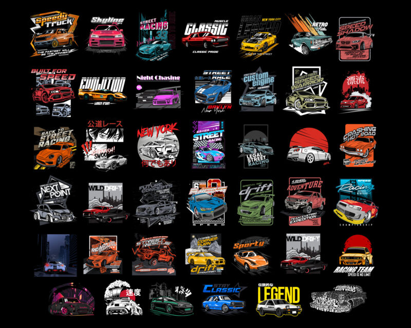 40 Sport Car Streetwear Designs, T-shirt Design bundle, Streetwear Designs, jdm Design, Urban Shirt designs, Graphics shirt , DTF, DTG