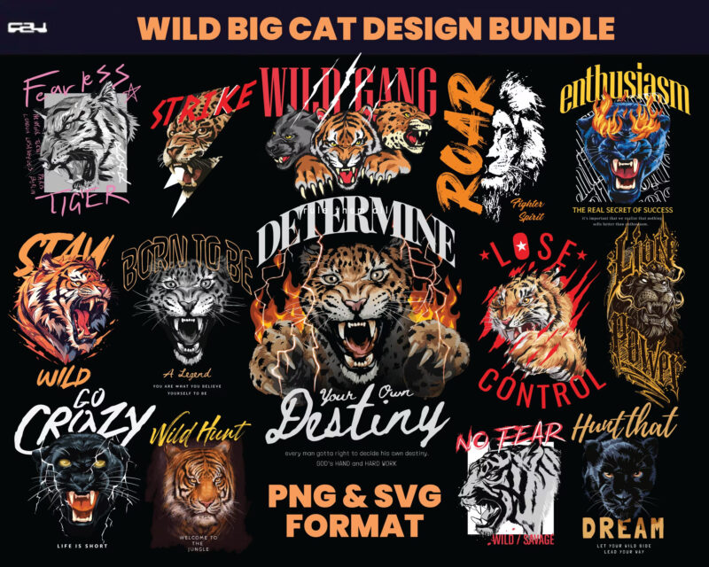 50 Wild big cat Designs bundle , T-shirt Design bundle, Streetwear Designs, Aesthetic Design, Urban Shirt designs, Graphics shirt , DTF, DTG