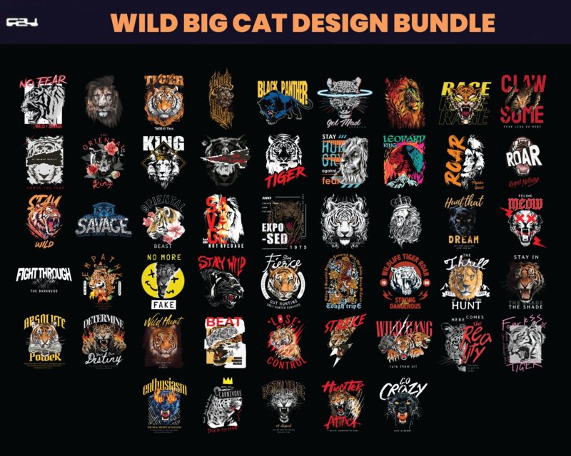 50 Wild big cat Designs bundle , T-shirt Design bundle, Streetwear Designs, Aesthetic Design, Urban Shirt designs, Graphics shirt , DTF, DTG