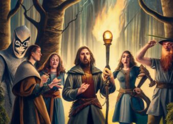 t-shirt design, photo realistic, a group of very afraid medieval roleplaying fantasy charakters in a dark forest with a torch PNG File