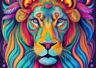 cool psychedelic lion head, black background PNG File