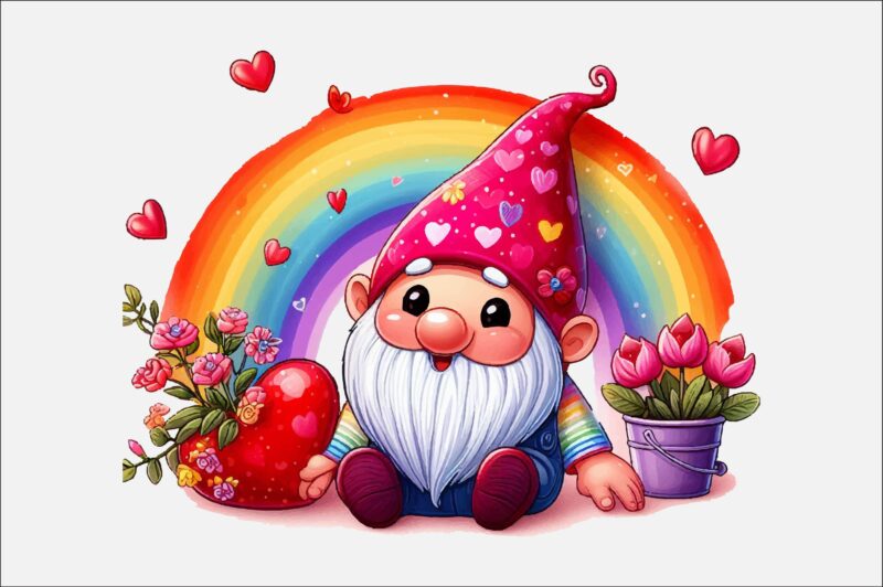 Gnome Valentines Day Rainbow PNG Bundle