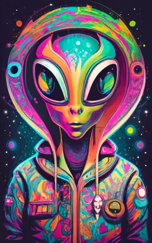 strange psychedelic alien, black background, t-shirt design PNG File