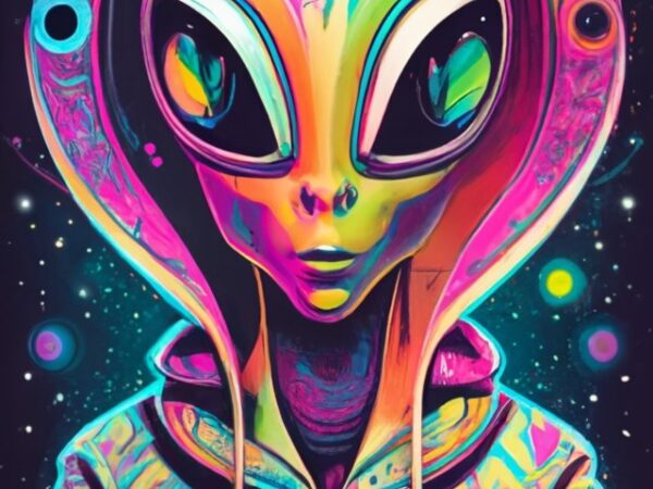 Strange psychedelic alien, black background, t-shirt design png file