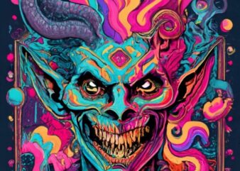 strange psychedelic demon, black background, t-shirt design PNG File