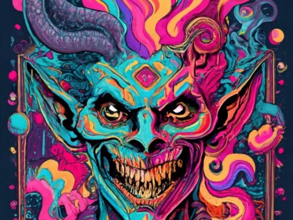 Strange psychedelic demon, black background, t-shirt design png file Strange psychedelic demon, black background, t-shirt design png file
