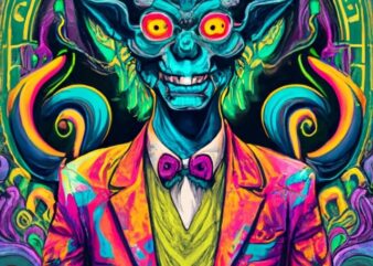 strange psychedelic demon, black background, detailed illustration, t-shirt design PNG File