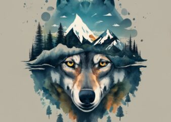 t-shirt design, Double exposure of a wolf and a mountain, natural scenery PNG File