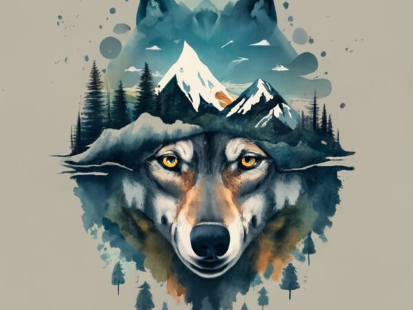 T-shirt design, double exposure of a wolf and a mountain, natural scenery png file