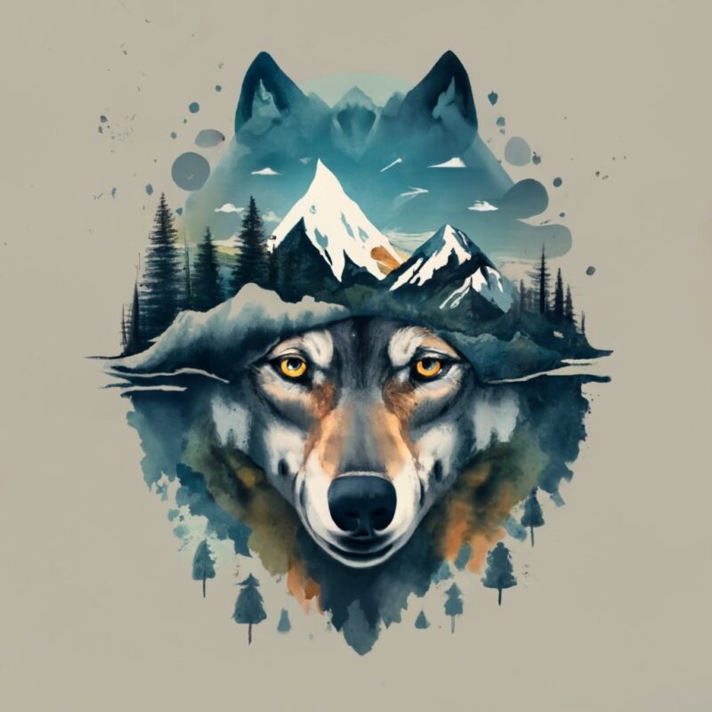 t-shirt design, Double exposure of a wolf and a mountain, natural scenery PNG File