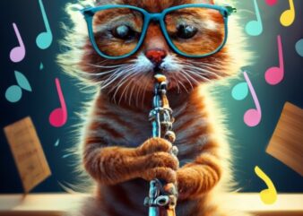 t-shirt design, beautiful cat playing the clarinet, with musical notes that fall like rain PNG File