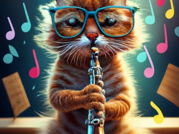 T-shirt design, beautiful cat playing the clarinet, with musical notes that fall like rain png file