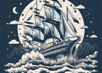 t shirt design, intricate of a ship with sails, surrounded by huge waves, huge moon in the background, moon light reflecting the water PNG F
