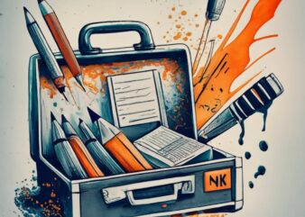 t-shirt design, with toolbox that has teacher’s equipment, pencil, pen, a Macbook with pens, notepads PNG File