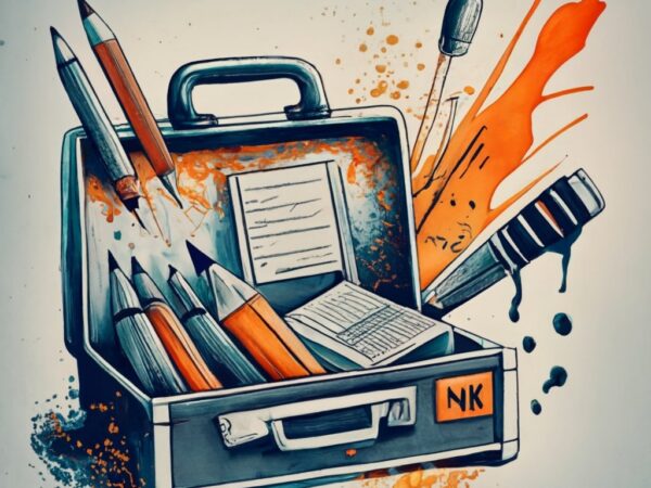 T-shirt design, with toolbox that has teacher’s equipment, pencil, pen, a macbook with pens, notepads png file