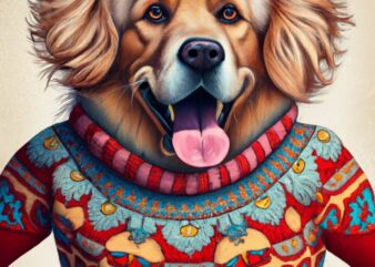 t-shirt design. a realistic happy golden retriever in a human body. Fully dressed for winter, in a sweater and ski gear. illustrated like th