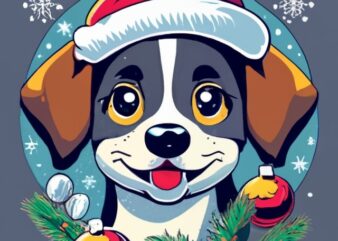t-shirt design: It’s snowing in a circle , prominently at the center, Disney stile, tender puppy with Christmas hat, tilted head, surrounded
