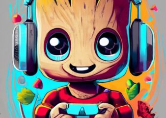 text “Sebastián” in modern typography, Marvel Baby Groot gamer on a red t-shirt design PNG File